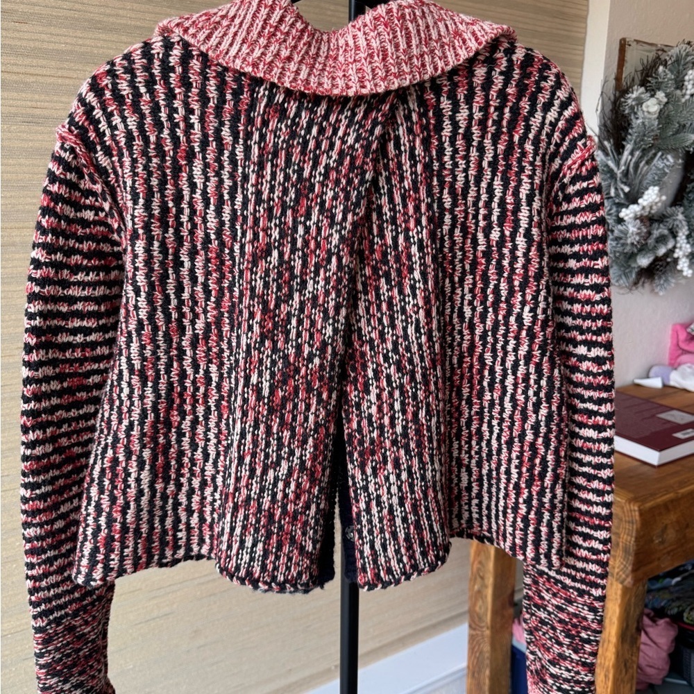 Free People Mixed Knit Wool Blend Cropped SweaterSz Small Open Back Snap Front - Picture 6 of 14
